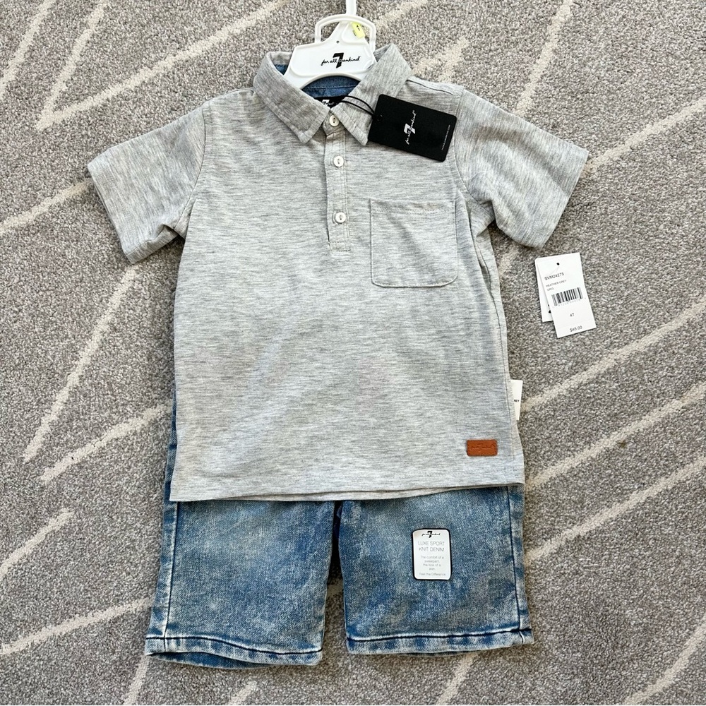 7 For All Mankind Two Piece Boys Gray Polo Shirt and Pull on Denim Shorts 4T